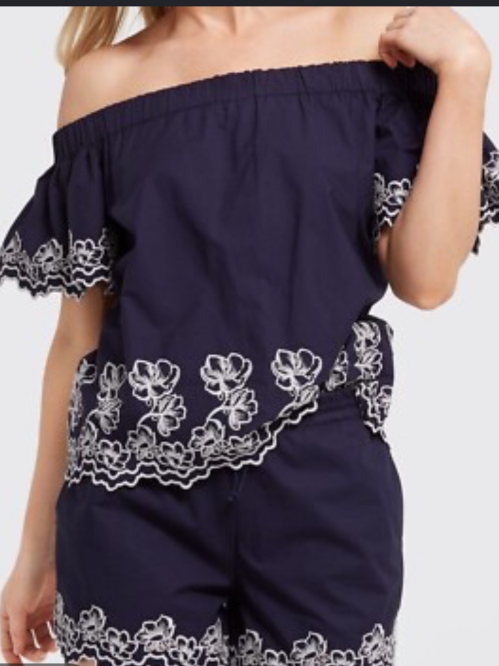 Draper James blue white eyelet embroidered off shoulder top blouse size M
